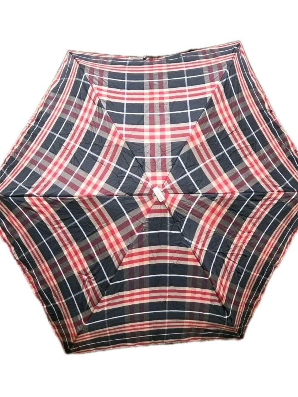 VTG Burberry Nova Check Umbrella RARE Black Red Tan Folding Travel & Sleeve 90s
